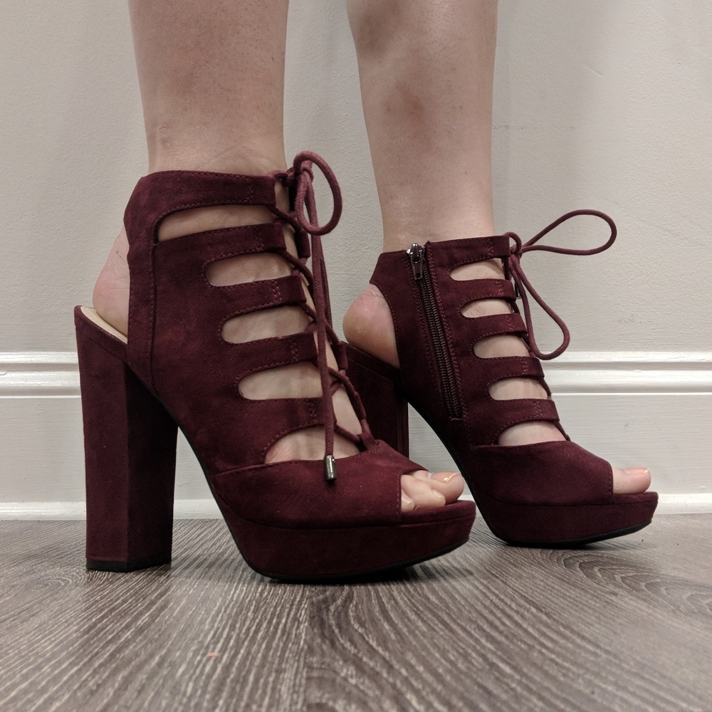 Burgundy Block Heel Lace Up Pumps